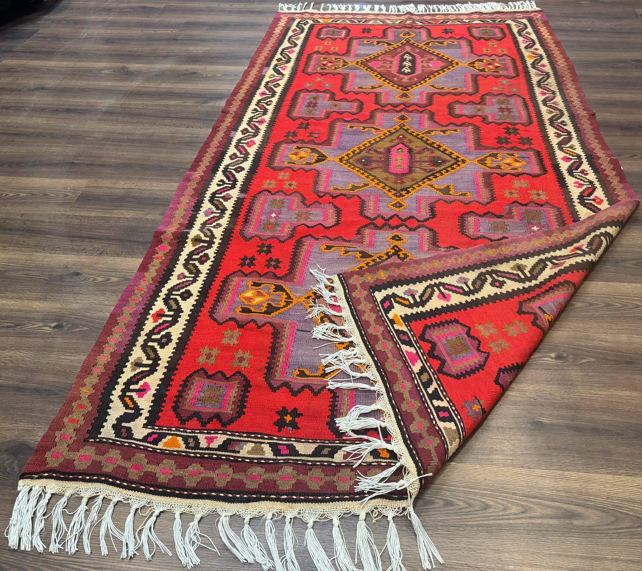 Persian Kurdish Zarand Kilim Rug 5x9, Red, Geometric Medallions, Wide Runner by Jewel Rugs