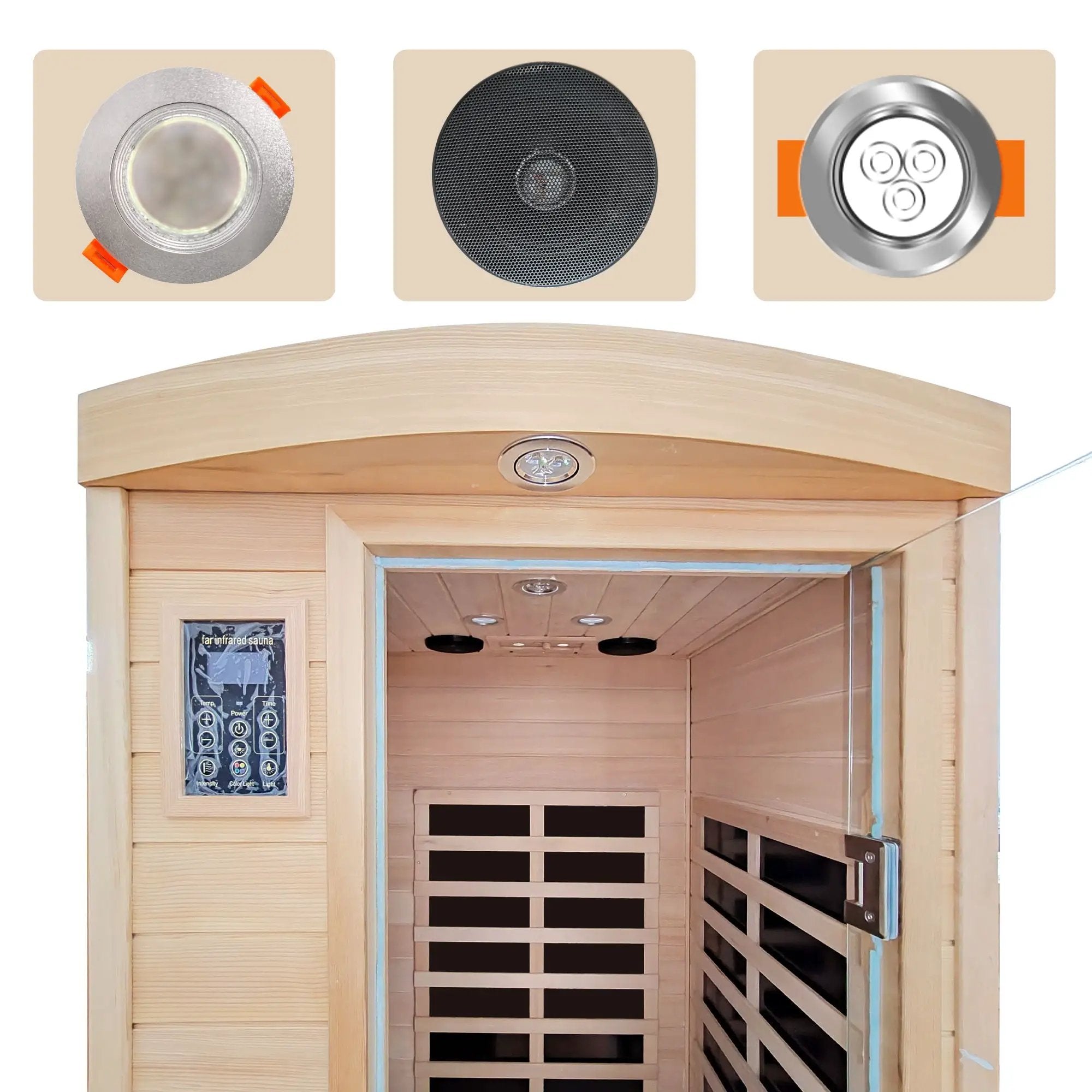 Low Emf Front Door With Heating Panel 1 People Hemlock Far Infrared Indoor Sauna Room - Natural by HouseOfZazla