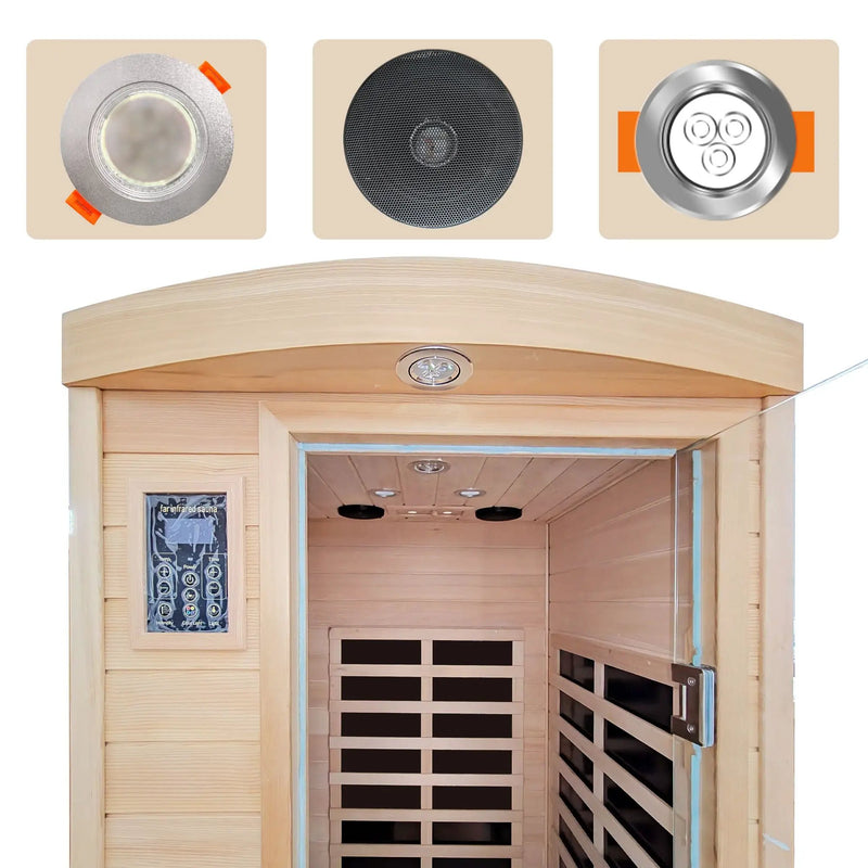 Low Emf Front Door With Heating Panel 1 People Hemlock Far Infrared Indoor Sauna Room - Natural by HouseOfZazla