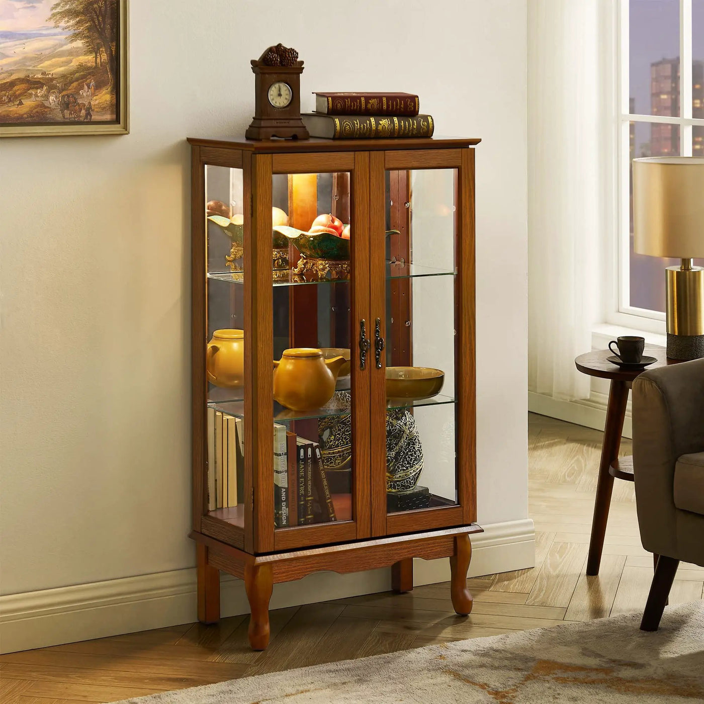 Curio Cabinet Lighted Curio Diapaly Cabinet With Adjustable Shelves And Mirrored Back Panel, Tempered Glass Doors (3 Tier), (E26 Light Bulb Not Included) by HouseOfZazla