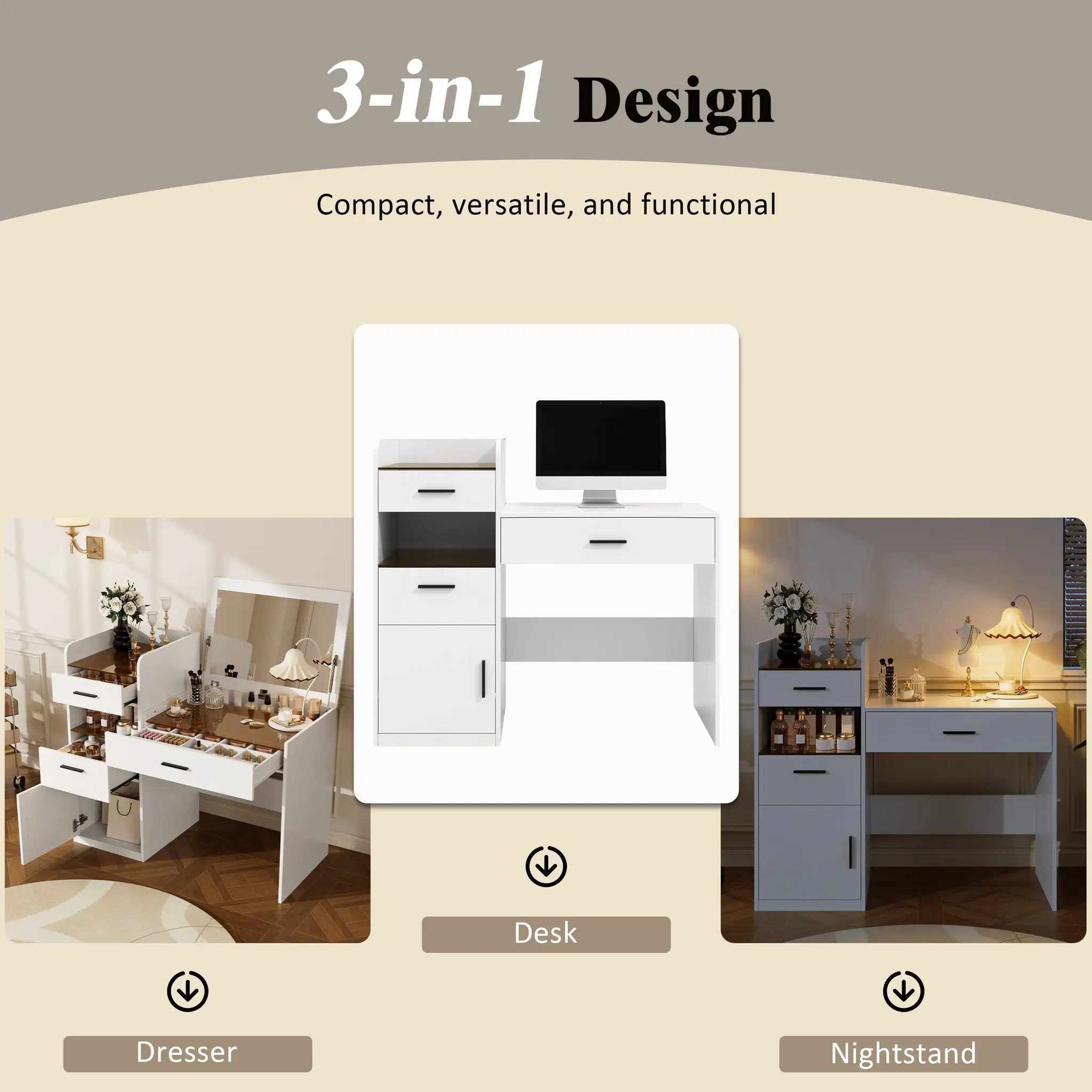 3-in-1 Vanity Desk with Flip Top Mirror, Glass Top Compact Makeup Vanity & Hidden Storage by HouseOfZazla