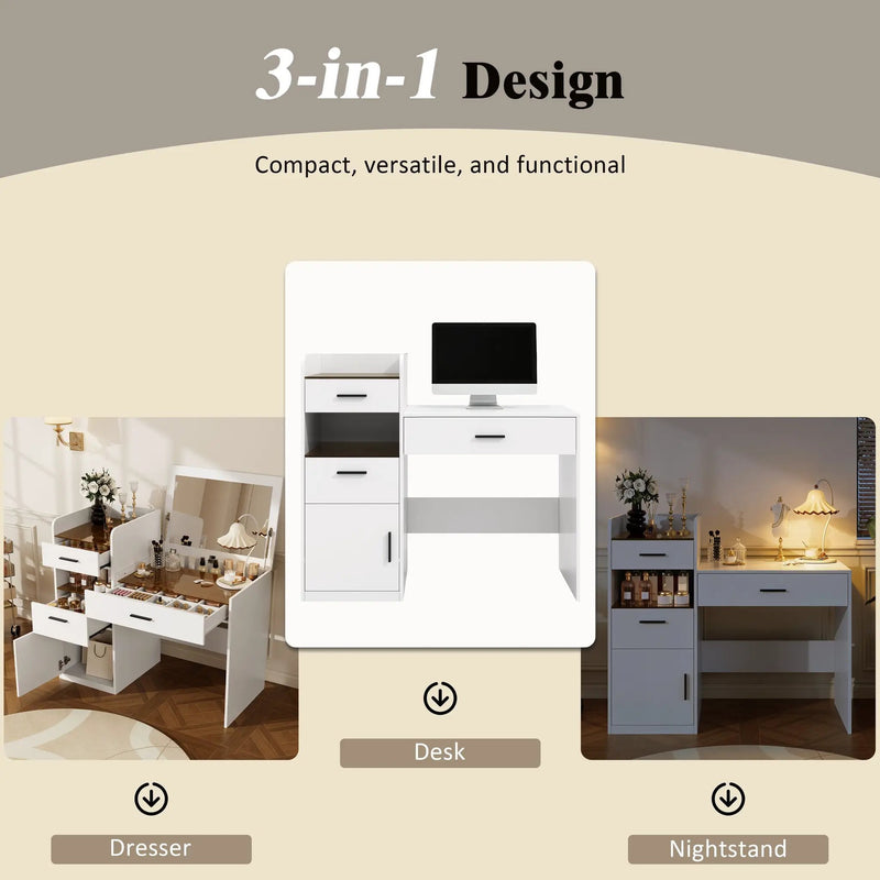 3-in-1 Vanity Desk with Flip Top Mirror, Glass Top Compact Makeup Vanity & Hidden Storage by HouseOfZazla