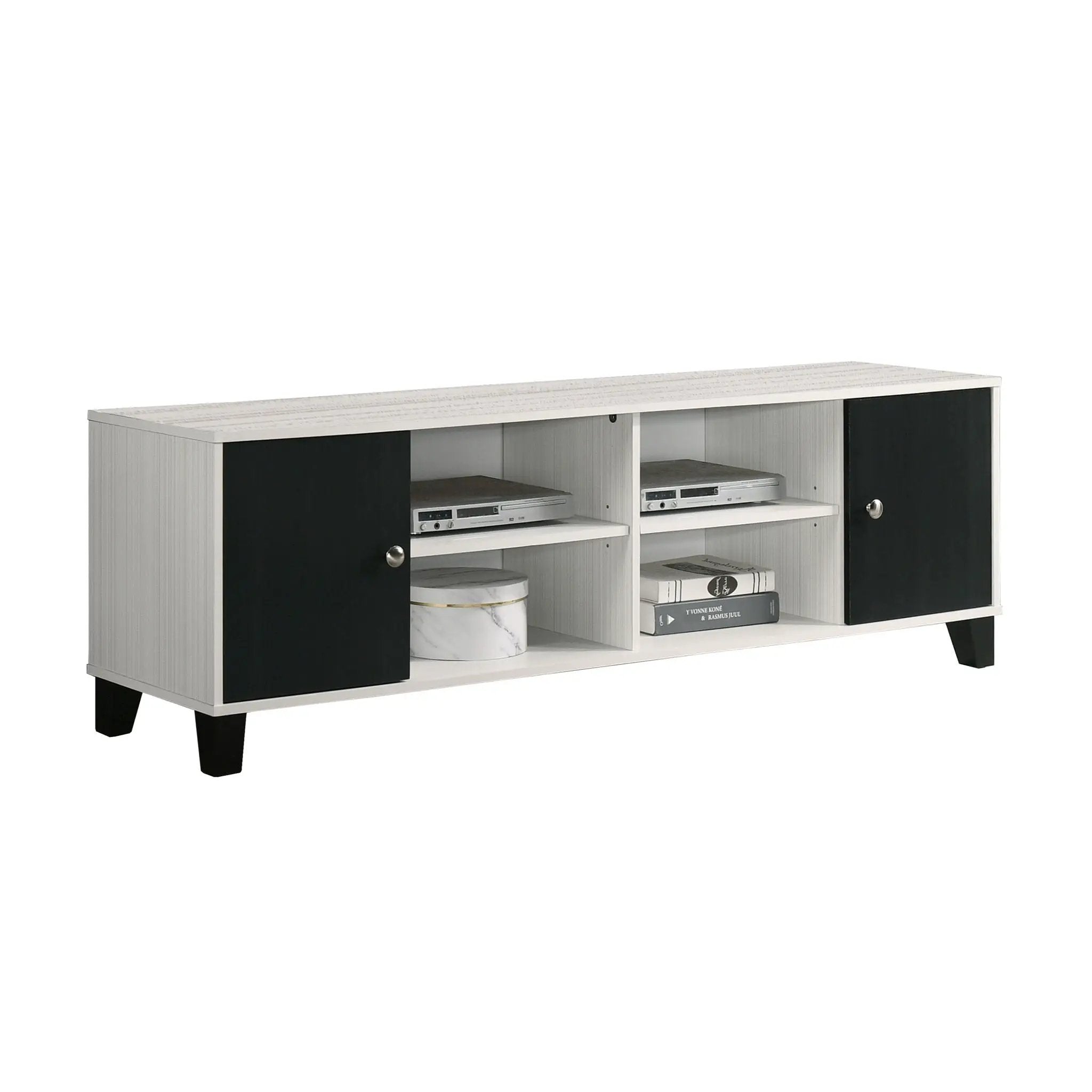 2 Tone TV Stand With Open Shelving And Concealed Storage Living Room Furniture - Black / White by HouseOfZazla