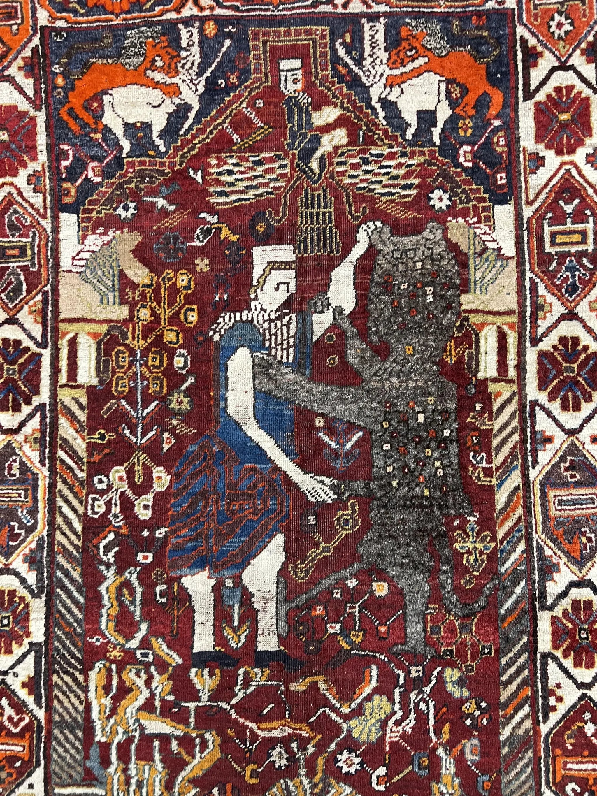 Antique Persian Shiraz Pictorial Rug 3.6 x 5, Persian Tribal Rug, Handmade, Lions, Highly Unique Collectible Small Persian Carpet, Maroon, Wool by Jewel Rugs