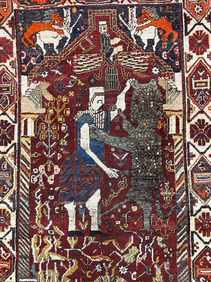 Antique Persian Shiraz Pictorial Rug 3.6 x 5, Persian Tribal Rug, Handmade, Lions, Highly Unique Collectible Small Persian Carpet, Maroon, Wool by Jewel Rugs