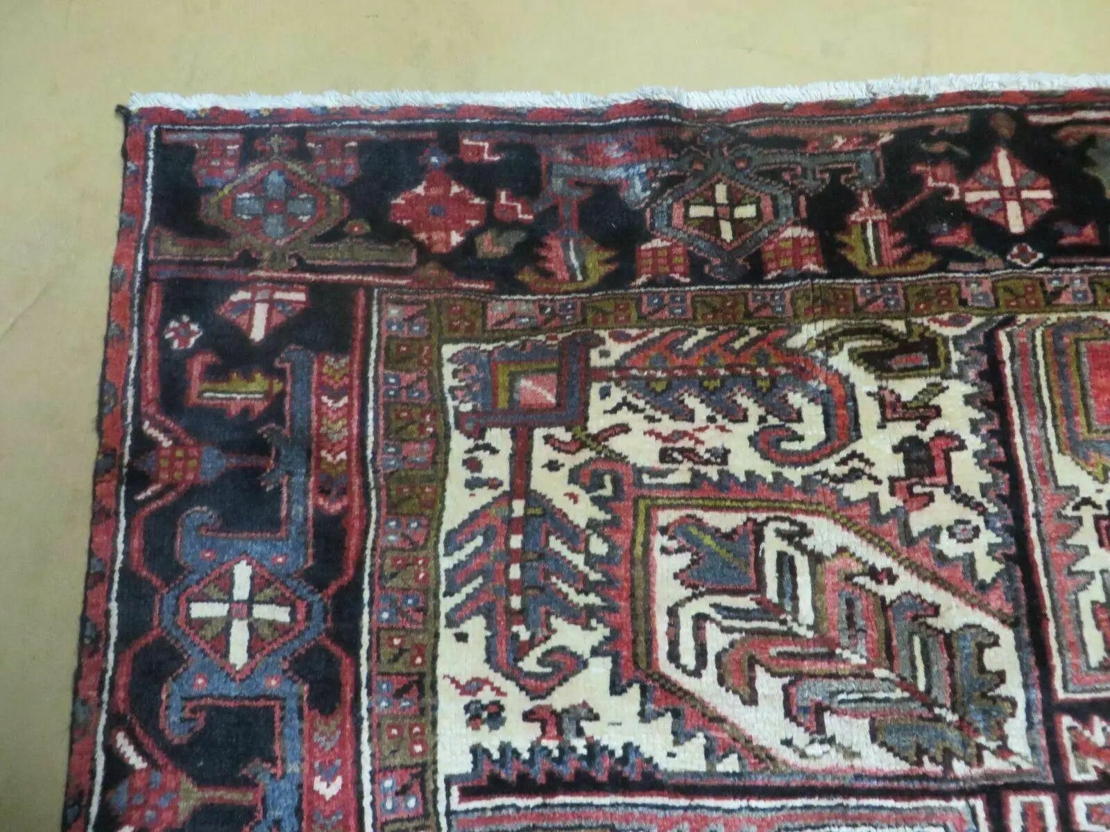 Persian Heriz Rug 8x12 Semi Antique Heriz Carpet, Room Sized Persian Carpet, Geometric Medallion, Wool, Hand Knotted, Red Ivory Dark Blue by Jewel Rugs