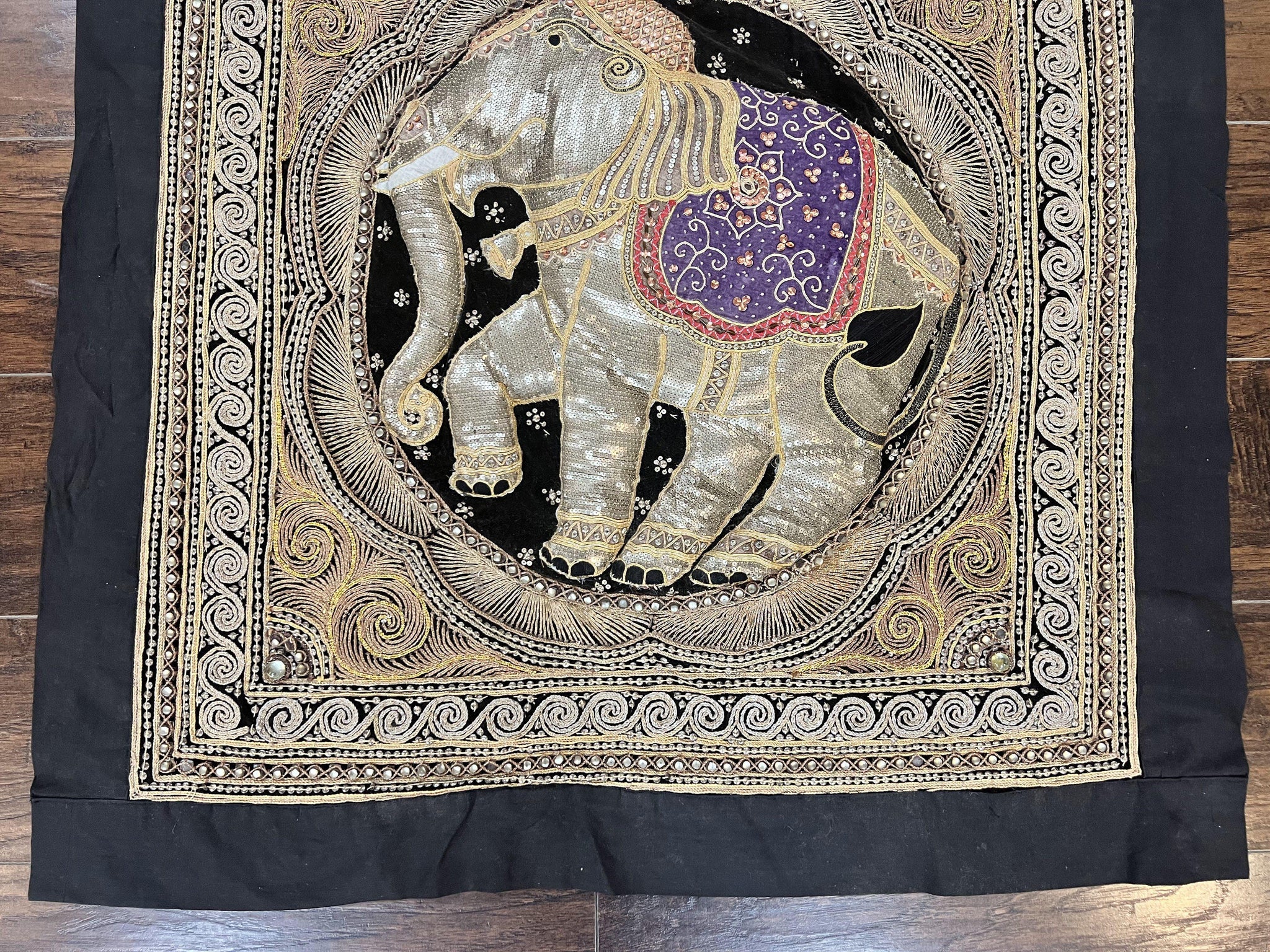 Indian Embroidery 3x3, Elephant Design, Detailed Needlepoint, Beadwork by Jewel Rugs