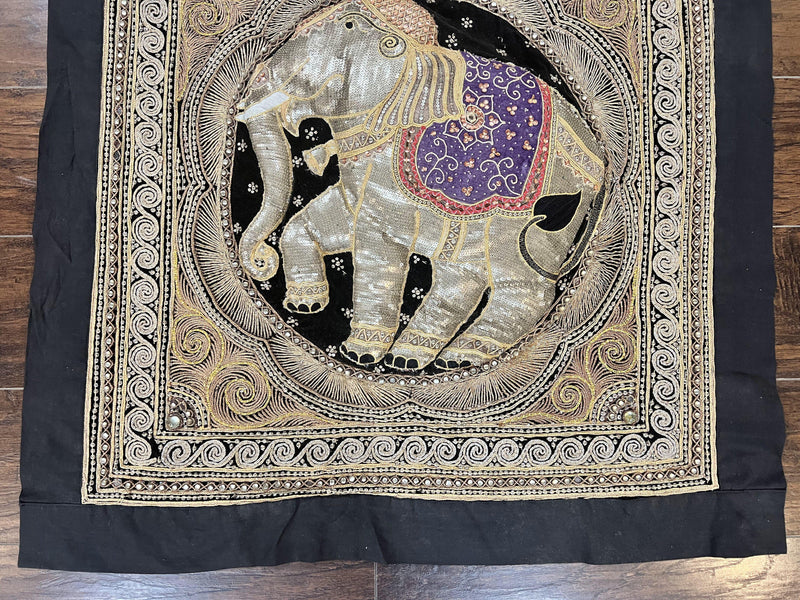 Indian Embroidery 3x3, Elephant Design, Detailed Needlepoint, Beadwork by Jewel Rugs