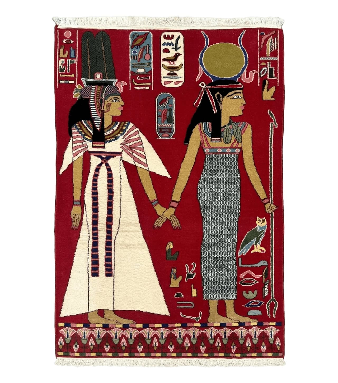 Egyptian Pictorial Rug 3x4, Hieroglyphic Pictorial Rug, Egyptian Prince and Princess, Cleopatra, Vintage Handmade, Red by Jewel Rugs