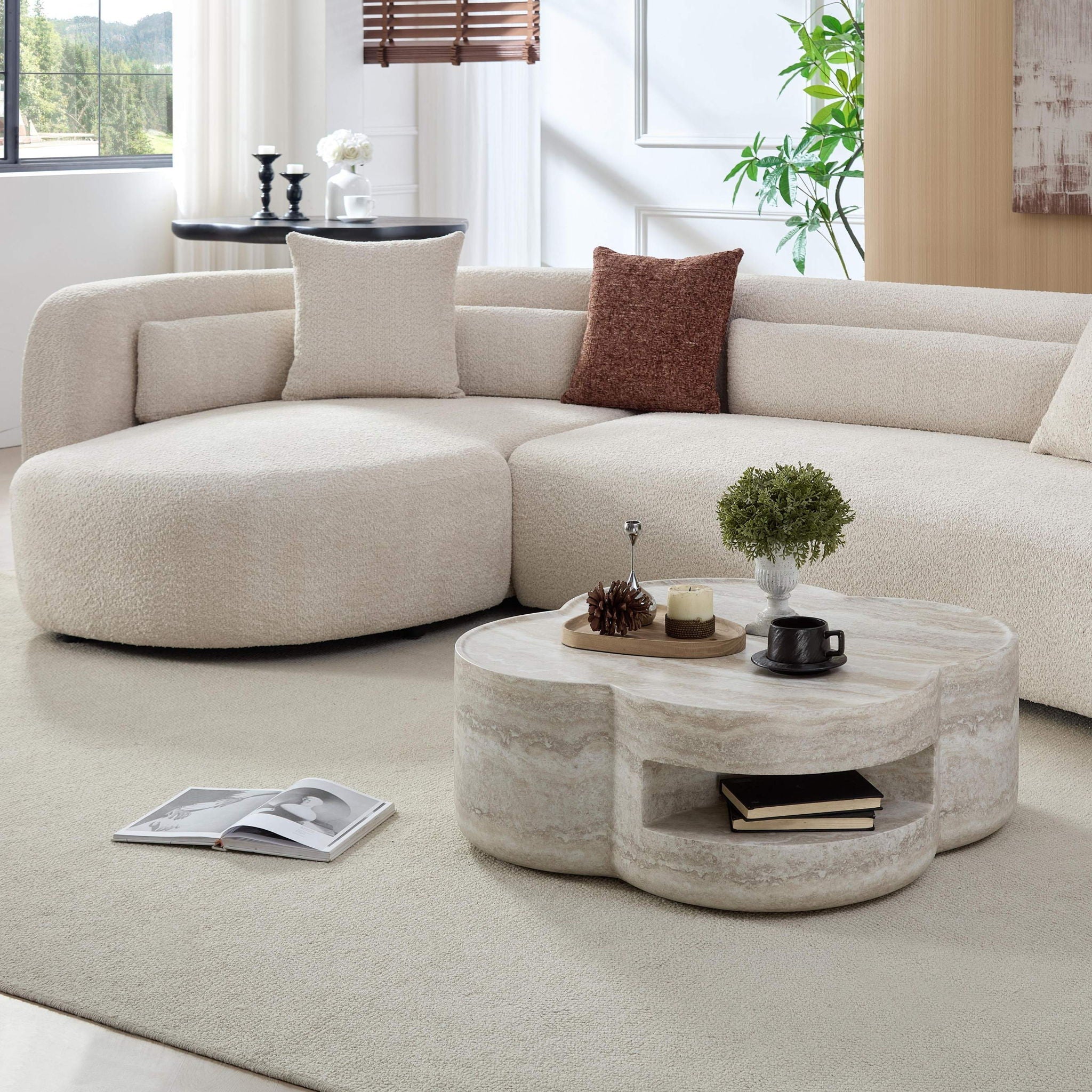 Clover Round Coffee Table With Open Storage - Marble by HouseOfZazla