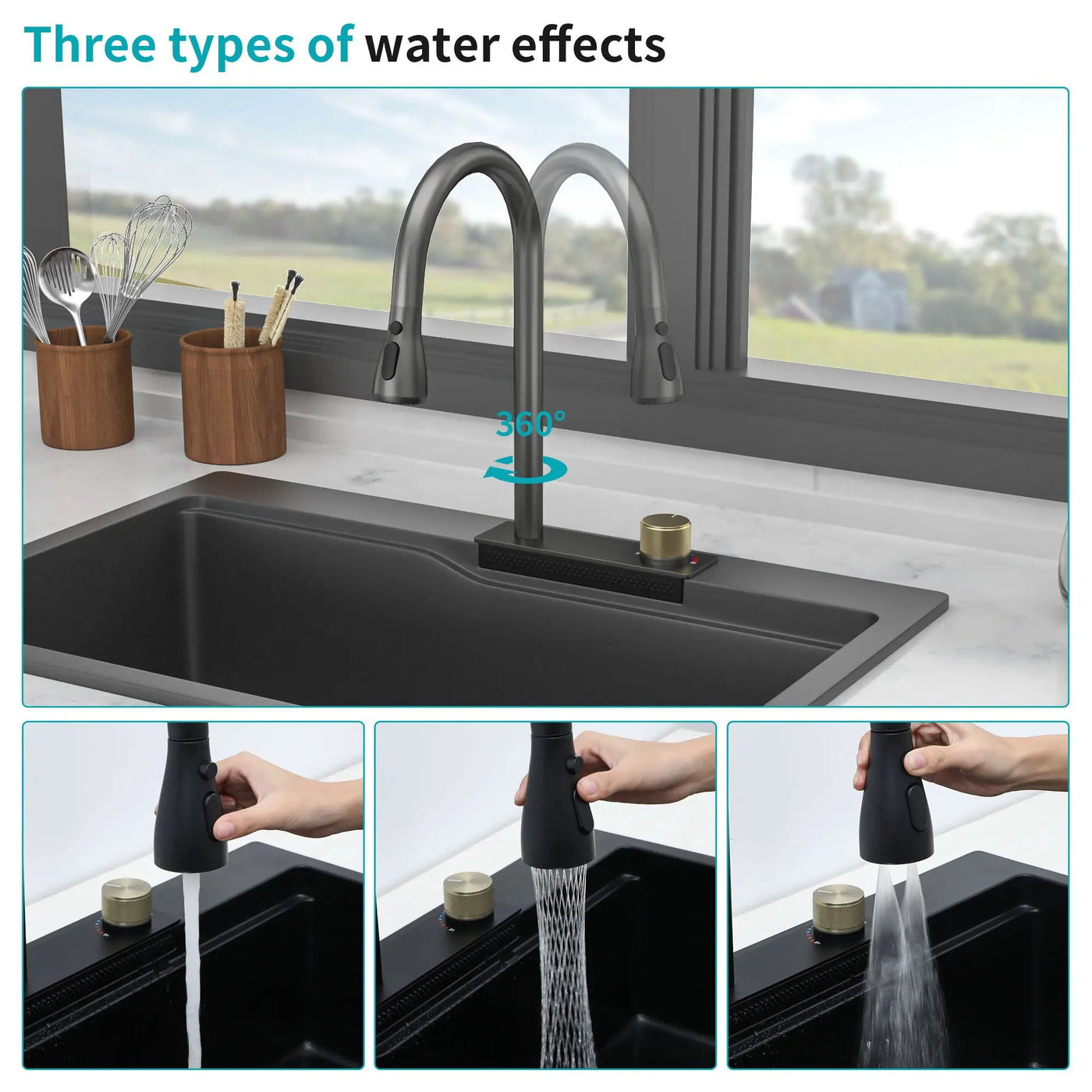 Waterfall Kitchen Sink With Pull Out Faucet & Cup Washer by HouseOfZazla