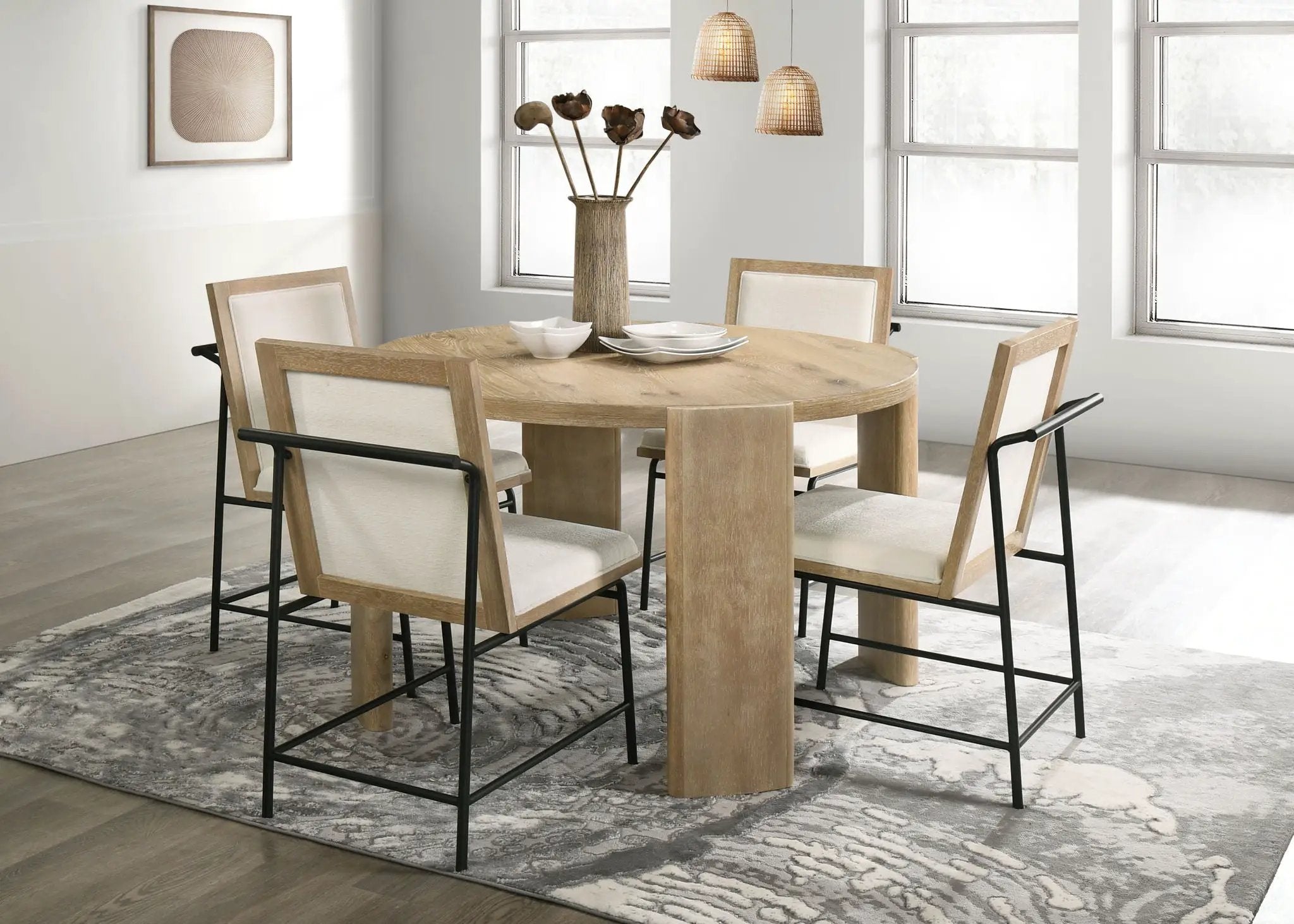 Bowen - Round Dining Table With Cream Color Upholstered Chairs (Set of 5) - Oak Finish by Unique Piece Furniture