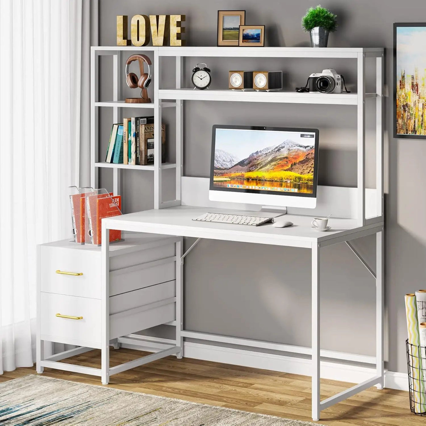 Computer Desk With Hutch, 2 Drawers & Open Shelves by HouseOfZazla