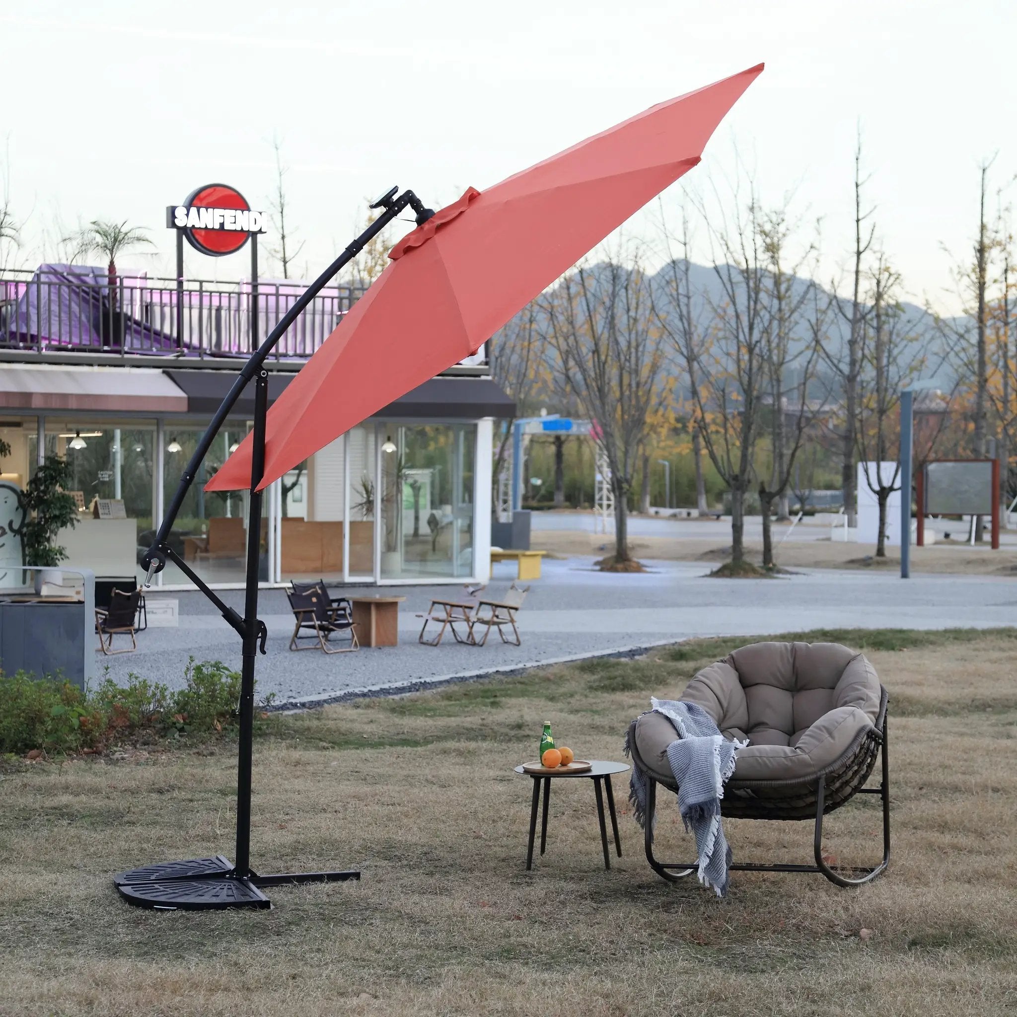 10ft Solar LED Offset Hanging Market Patio Umbrella (Orange) (No Base) by HouseOfZazla
