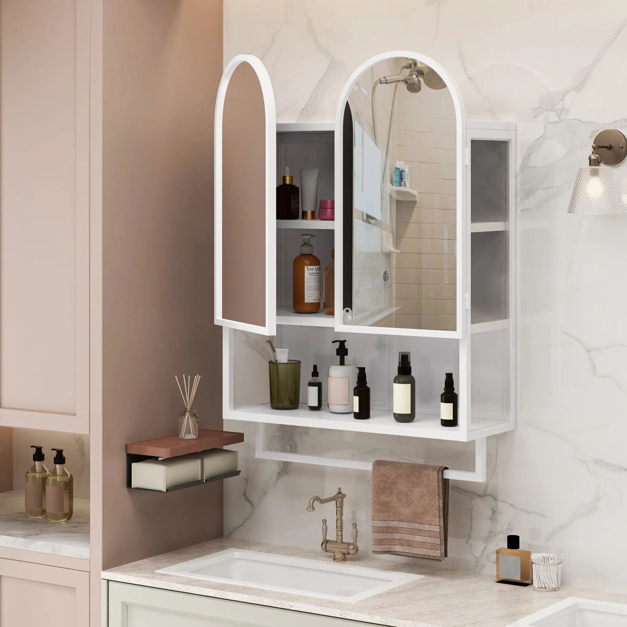Double Arched Mirror Wall Cabinet With 2 Doors, Featuring Adjustable Shelves And Towel Rack by Unique Piece Furniture