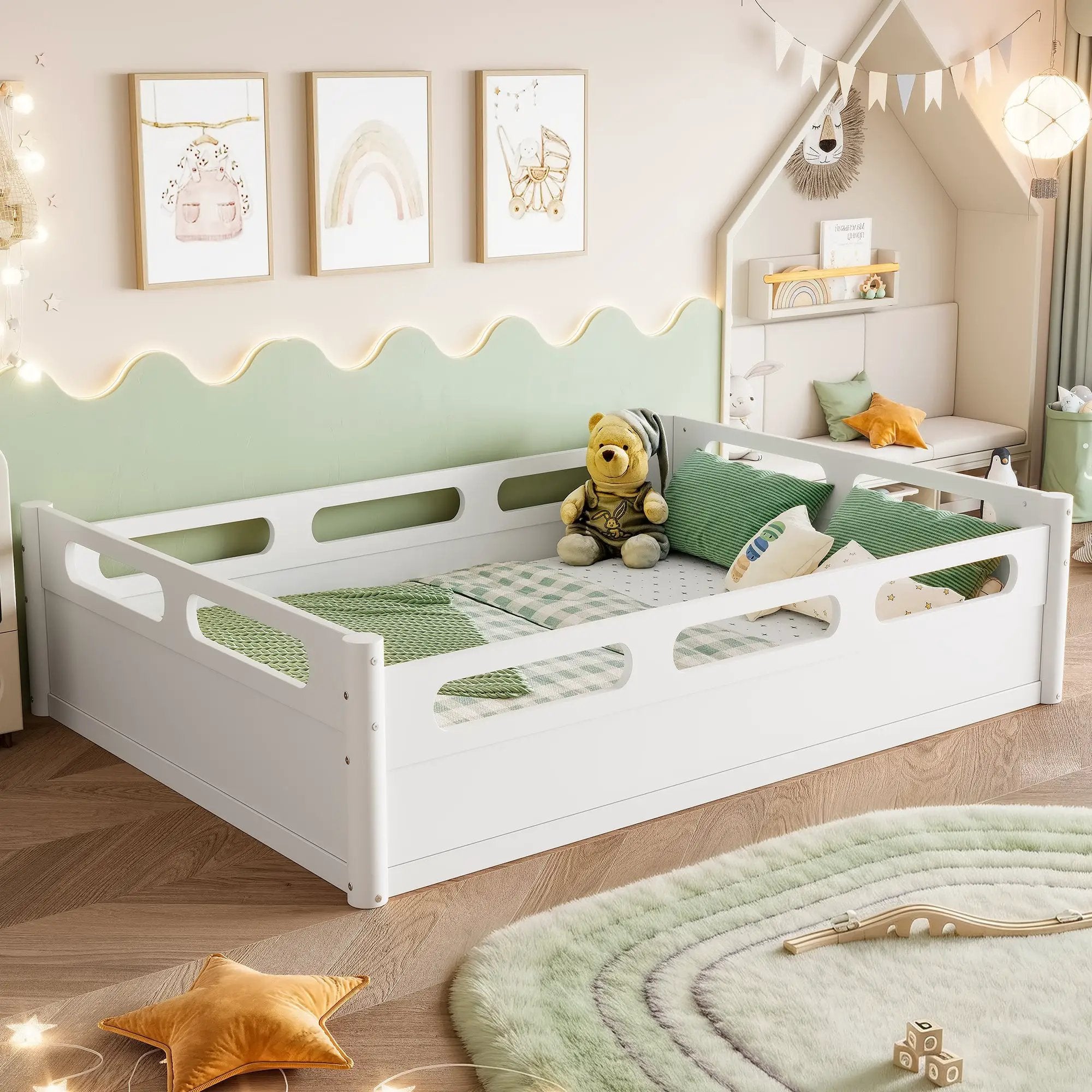 Full Size Floor Platform Bed with Full-length Guardrails by HouseOfZazla
