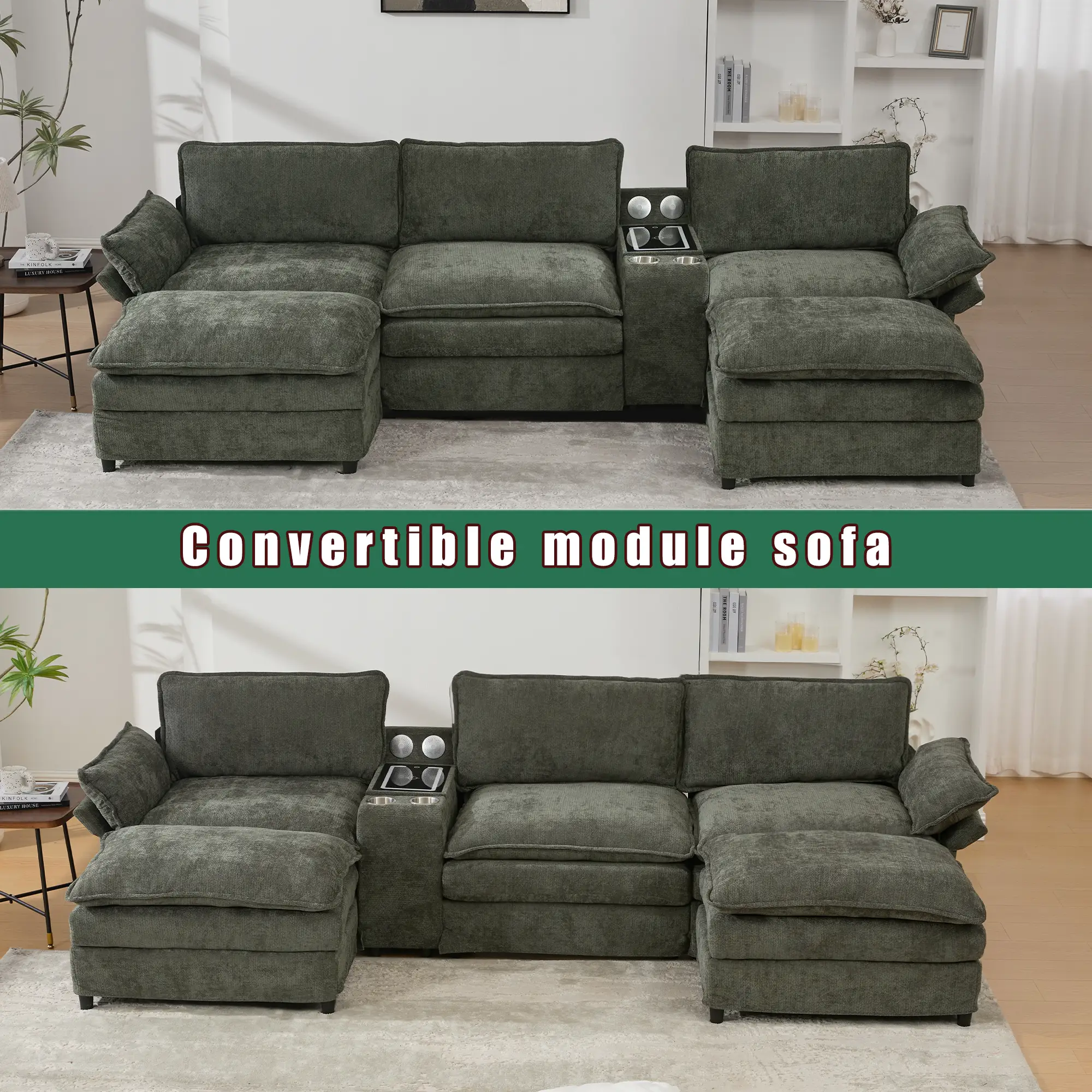 U Shaped Modular Sectional Sofa with Storage Console & Bluetooth Speakers by HouseOfZazla