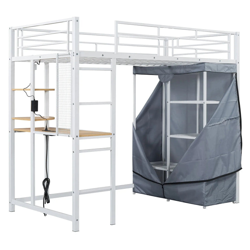 Loft Bed With Desk, Shelves, Power Outlet, LED Light And Wardrobe by Unique Piece Furniture