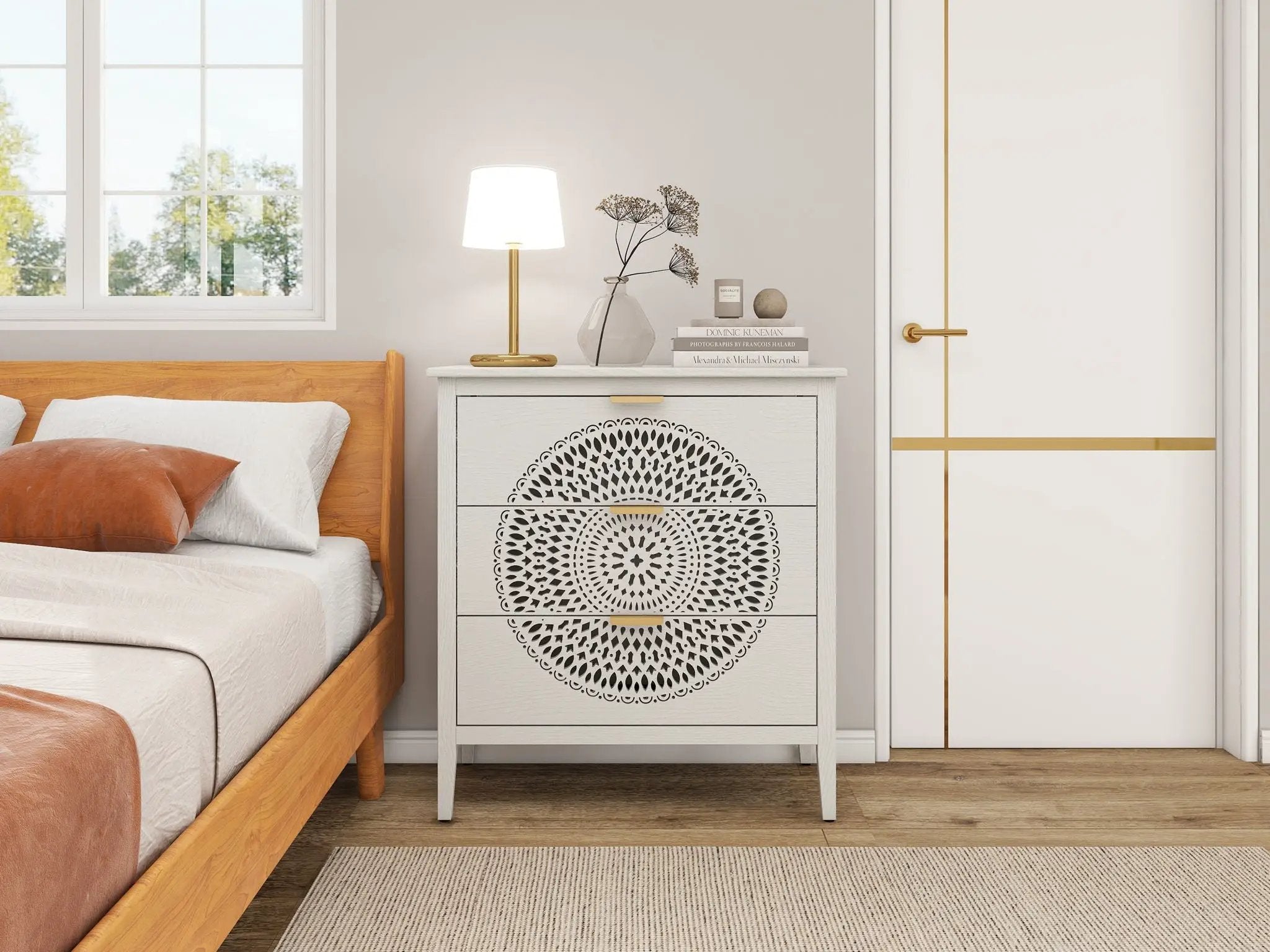 3 Drawer Cabinet With Hollow Carved 3 Drawer Dresser Storage Chest With Metal Handles For Entryway Living Room Bedroom - Beige by HouseOfZazla