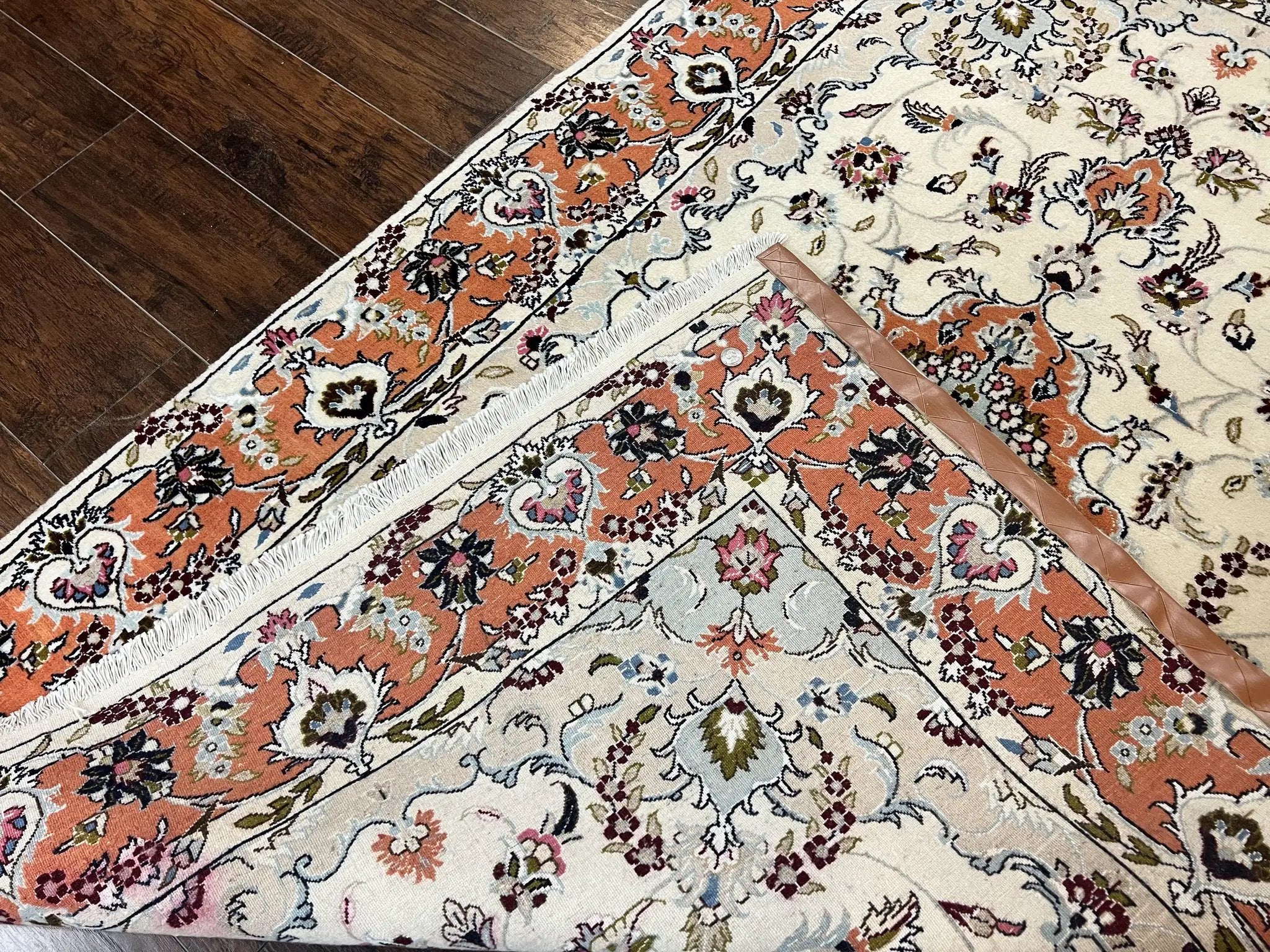 Persian Tabriz Rug 4.5 x 6.8, Finely Hand Knotted Wool with Silk Highlights Vintage Oriental Carpet, Cream and Salmon, High KPSI, Floral Medallion by Jewel Rugs