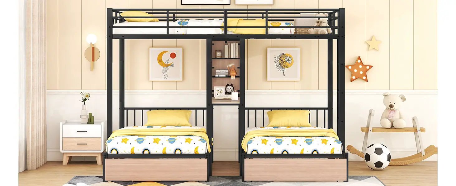 Triple Bunk Bed With Drawers, Multi-Functional Frame With Desks And Shelves In The Middle by HouseOfZazla