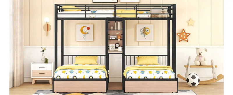 Triple Bunk Bed With Drawers, Multi-Functional Frame With Desks And Shelves In The Middle by HouseOfZazla