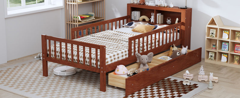 Bed With Headboard Storage Rack, 2 Under Bed Drawers, 3 Side Guardrails For Safety by HouseOfZazla