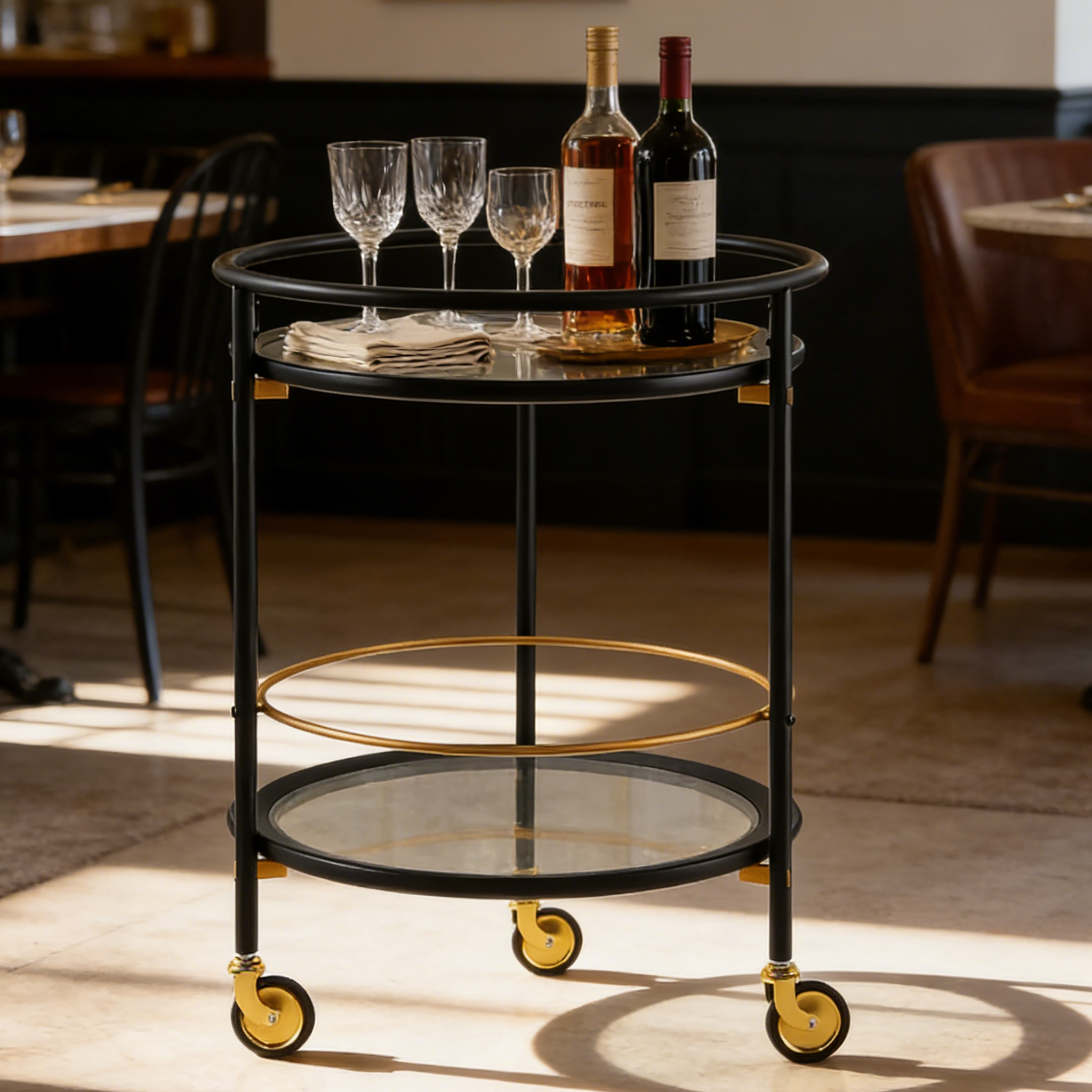 Modern Round Bar Cart with Tempered Glass Shelves by HouseOfZazla