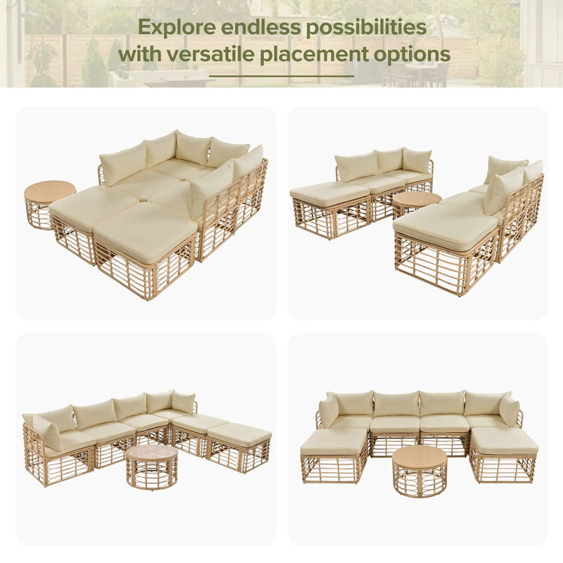 7 Pieces Outdoor Patio Furniture, All-Weather Rattan Sectional Sofa Set with Thick Cushions and Pillows, Freely Combined Conversation Sets for Garden, Backyard, Balcony, Brown by HouseOfZazla