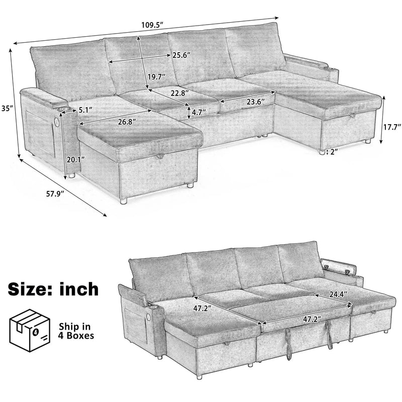 U Shaped Sectional Sofa Bed With Storage Chaise Lounges, USB Ports, And Cup Holders by Unique Piece Furniture