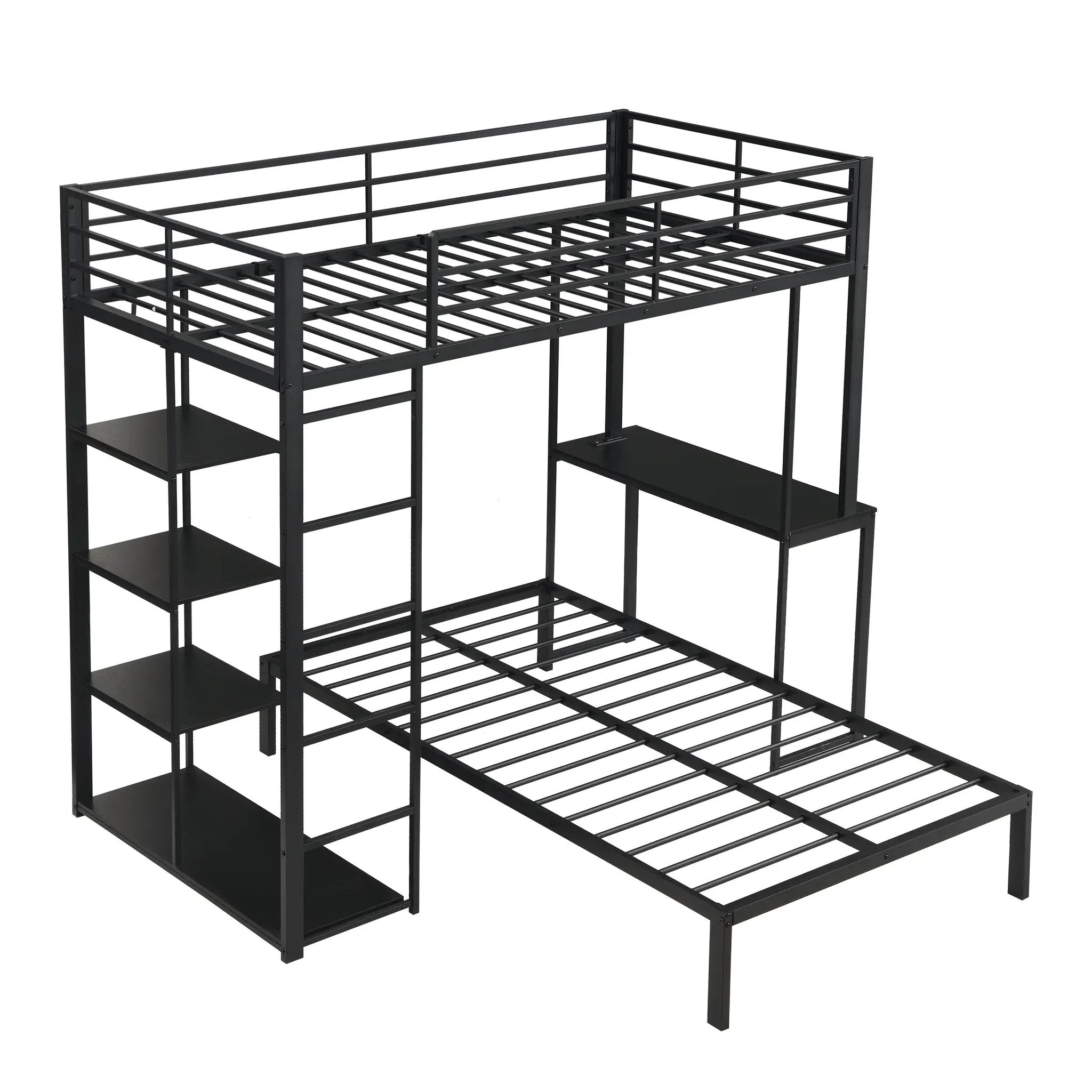Metal Loft Bed Frame with LED Light Strip, Side Storage Shelves & Built-in Desk by HouseOfZazla