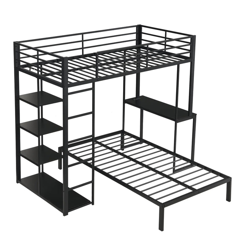 Metal Loft Bed Frame with LED Light Strip, Side Storage Shelves & Built-in Desk by HouseOfZazla