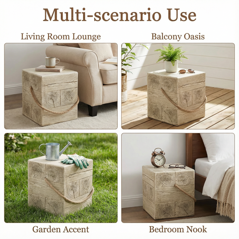 Outdoor Wood Grain Square MGO Side Table with Simulated Braided Cord by HouseOfZazla