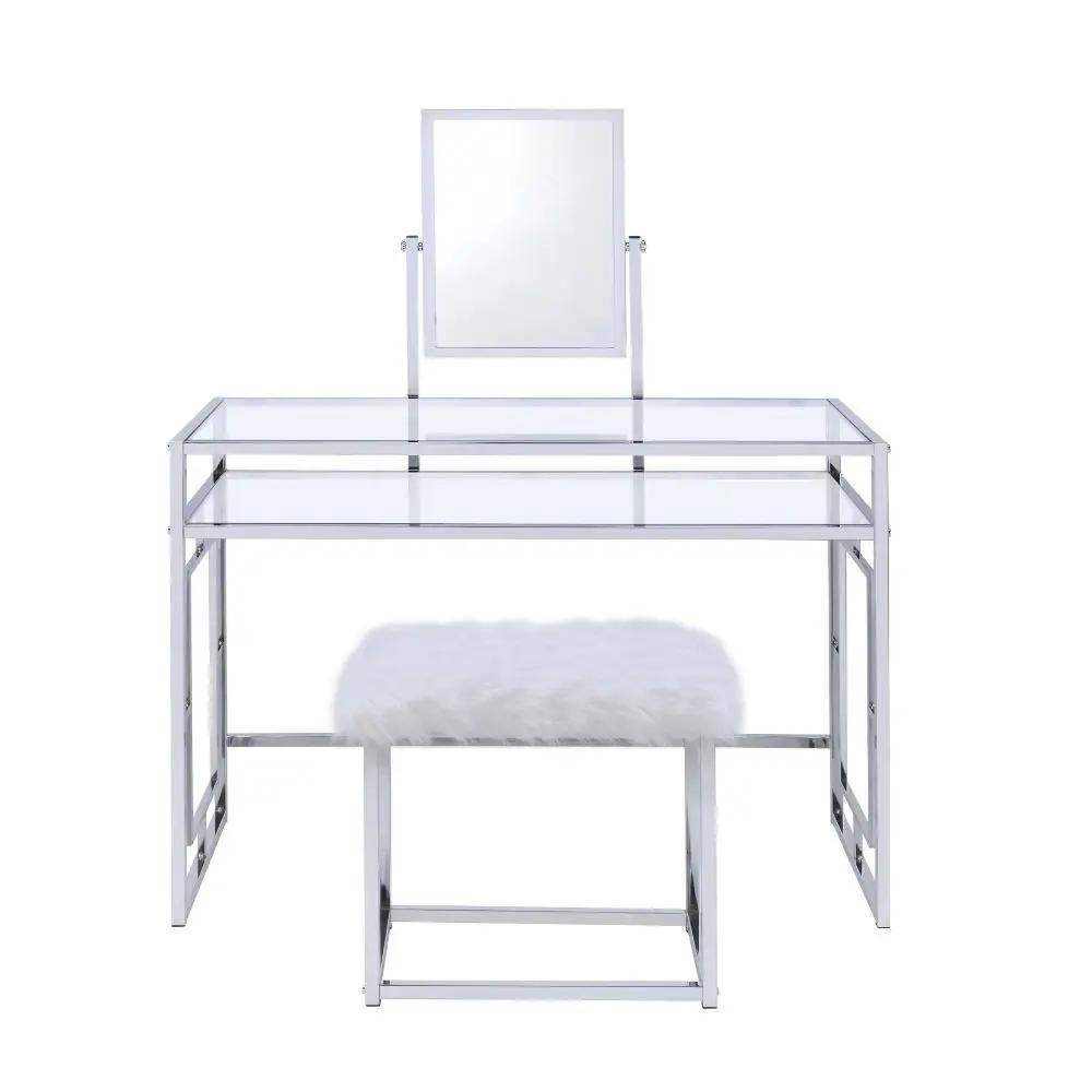 Carenze II - Vanity Set - White Faux Fur & Chrome by Unique Piece Furniture