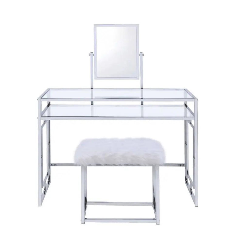 Carenze II - Vanity Set - White Faux Fur & Chrome by Unique Piece Furniture