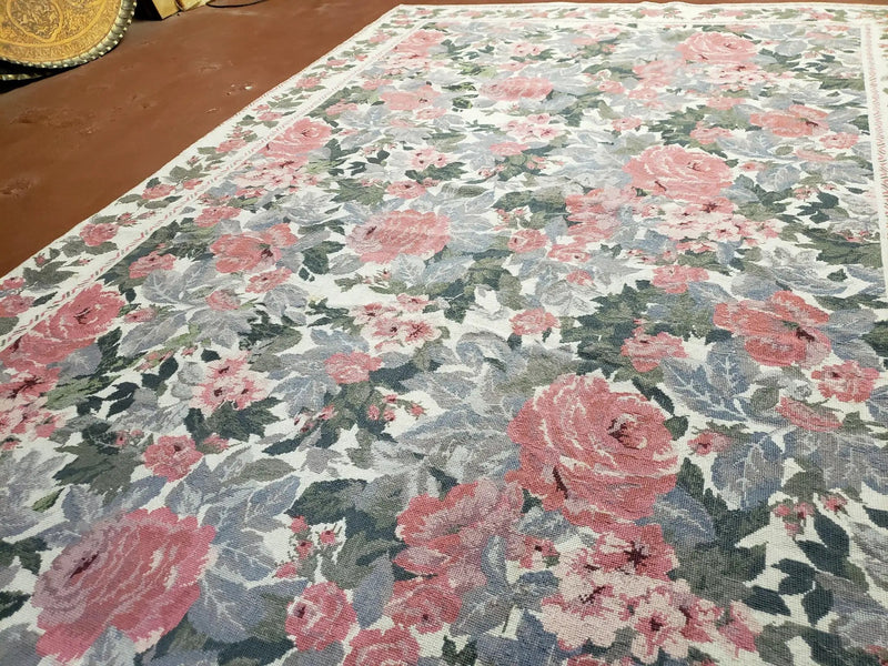 5x8 Needlepoint Rug 5' 4" x 8' 3" Wool Flat Weave Floral New Unused Carpet English Design Ivory Large Pink Flowers Green Leaves Hand-Knotted by Jewel Rugs