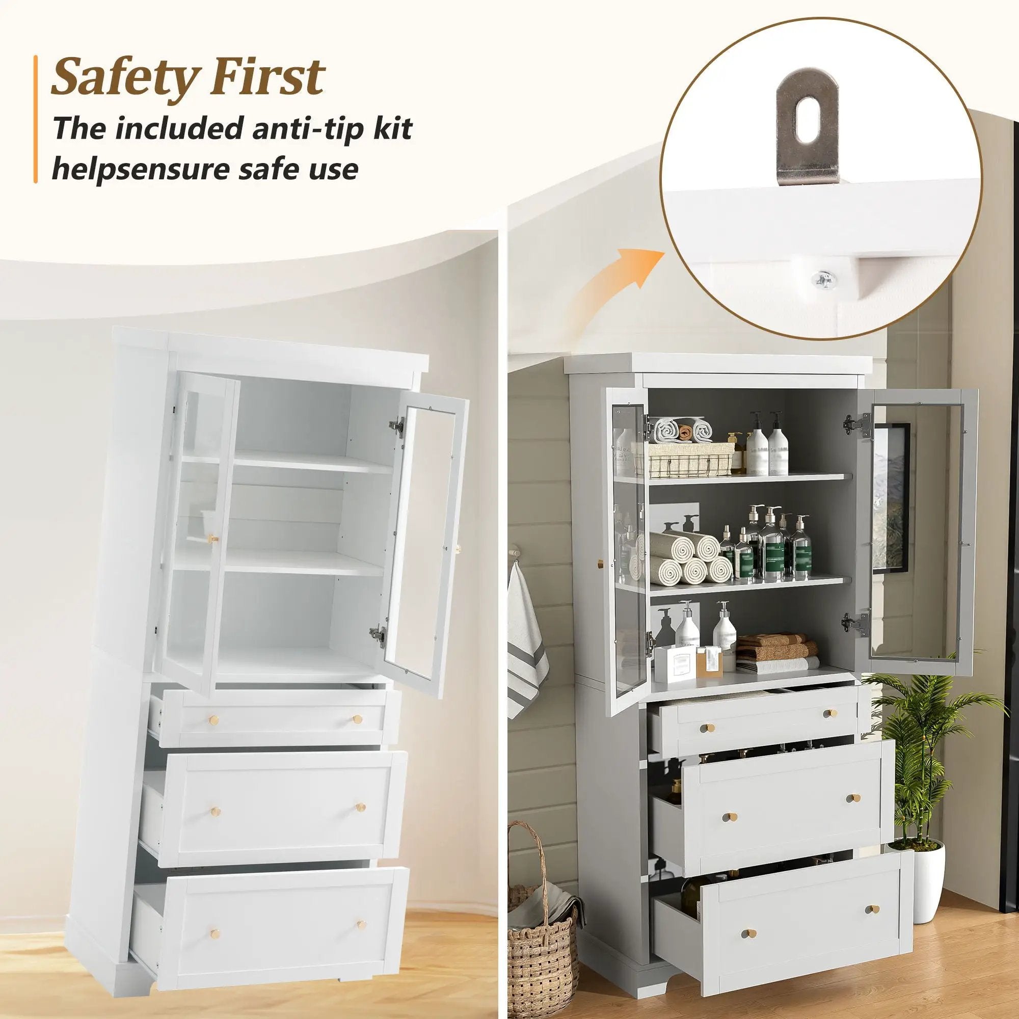 Freestanding Tall Bathroom Cabinet With Adjustable Shelves, Drawers, Soft Close Glass Doors by HouseOfZazla
