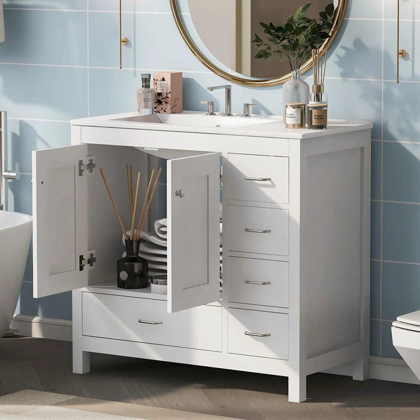 Bathroom Vanity With Ceramic Sink Combo, Abundant Storage Cabinet 2 Soft Close Doors And 5 Drawers by Unique Piece Furniture