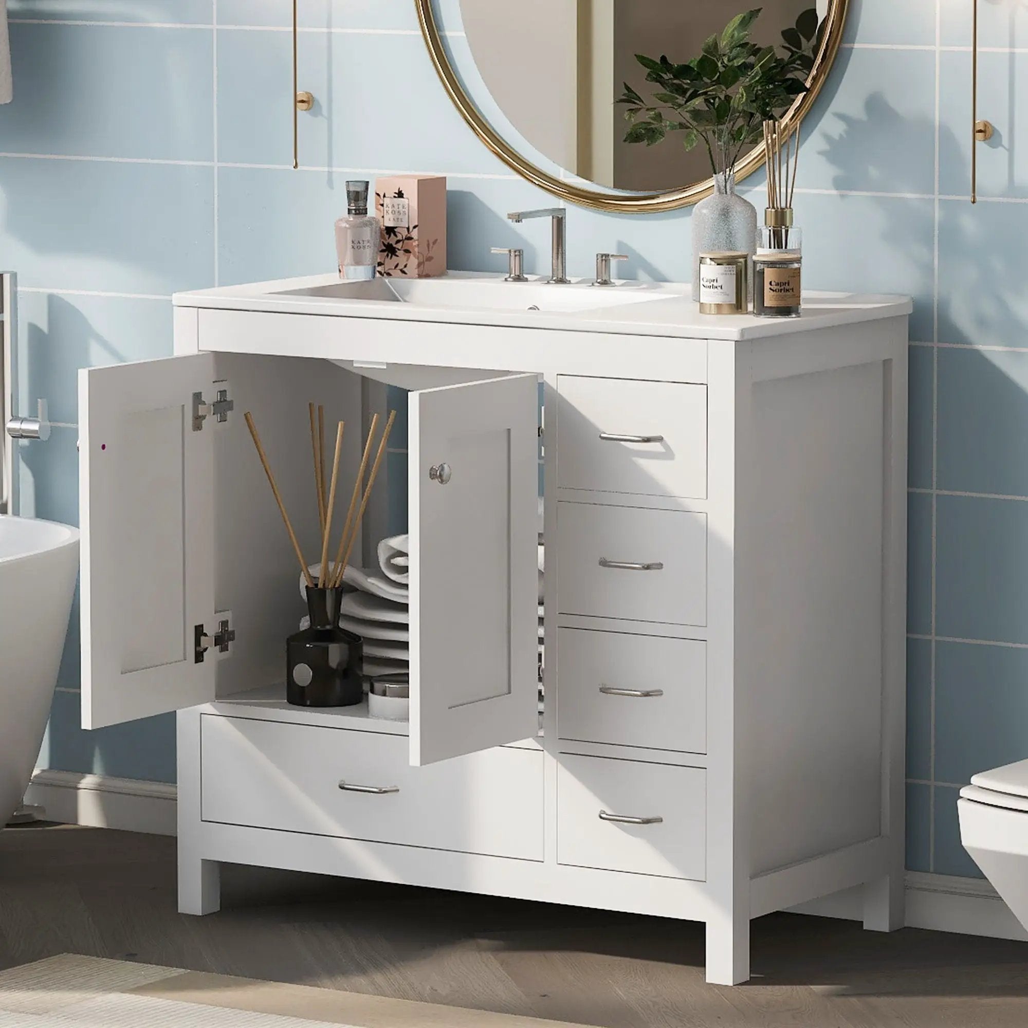 Bathroom Vanity With Ceramic Sink Combo, Abundant Storage Cabinet 2 Soft Close Doors And 5 Drawers by Unique Piece Furniture