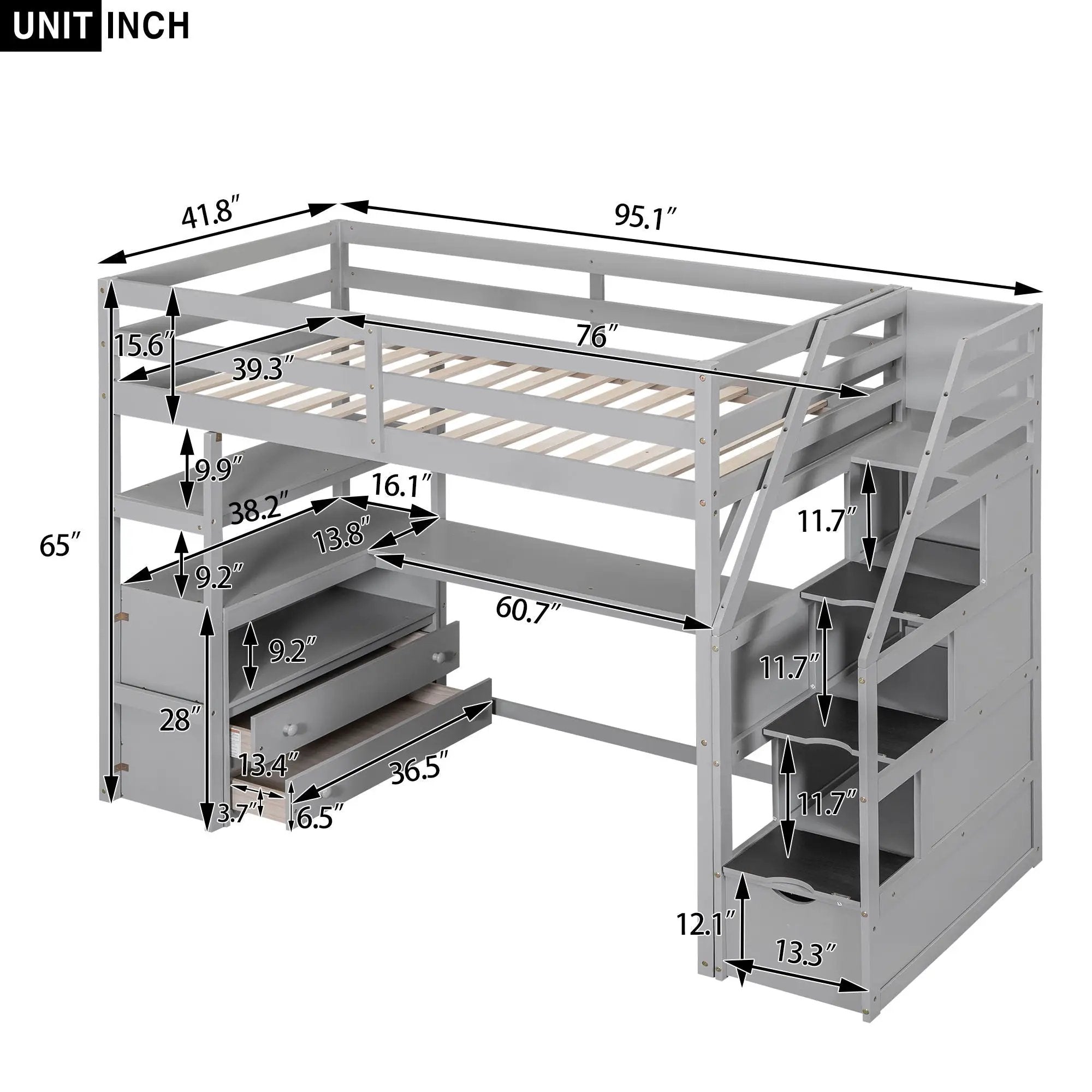 Loft Bed With Desk, Shelves, 2 Drawers, Storage Staircase by HouseOfZazla