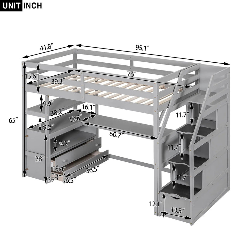 Loft Bed With Desk, Shelves, 2 Drawers, Storage Staircase by HouseOfZazla