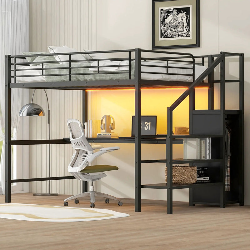 Full Size Loft Bed With Desk, Storage Staircase, Small Wardrobe And LED Light - Black by Unique Piece Furniture