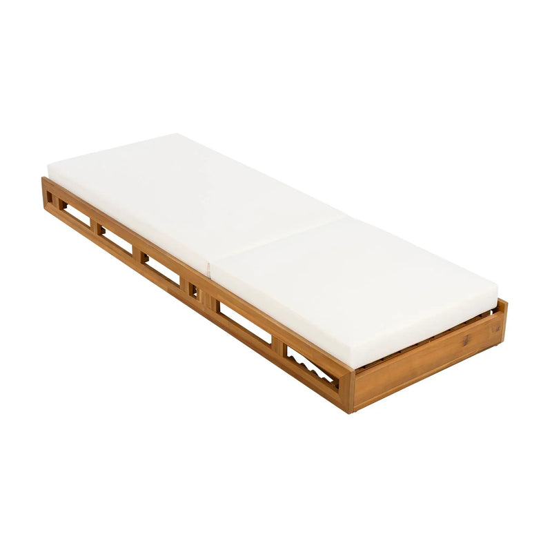 Premium Acacia Wood Lounge Chaise Set With Water Resistant Cushions, Adjustable Recline - Cream / Teak by HouseOfZazla
