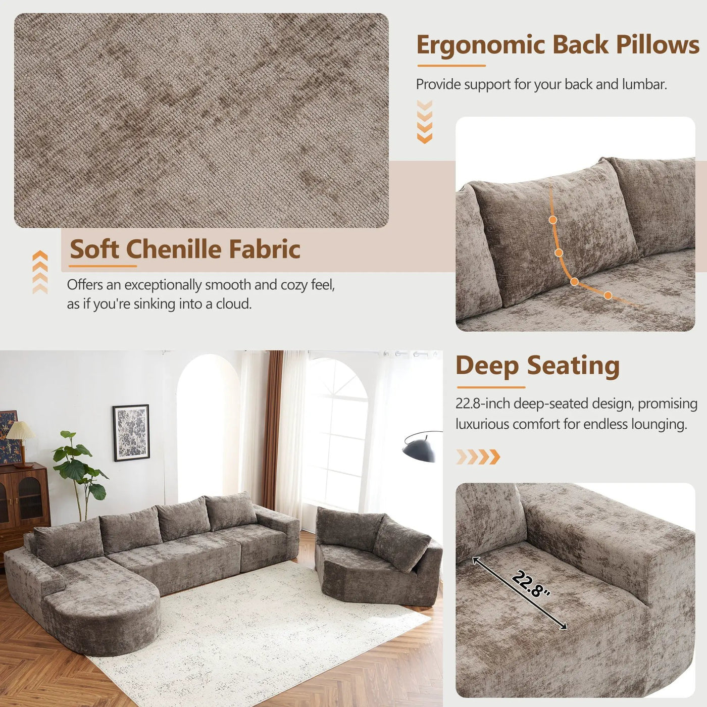 U-Shaped Oversized Modular Cloud Sectional Sofa With Deep Seat For Living Room by Unique Piece Furniture