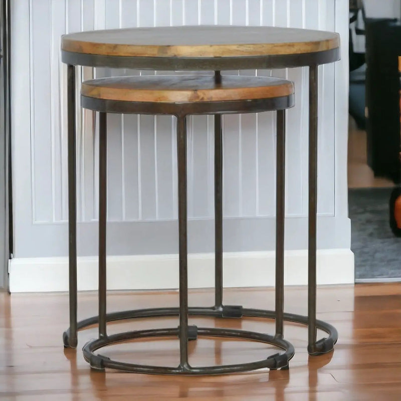 Round Stool Table With Iron Base (Set of 2) - Brown / Black by Unique Piece Furniture