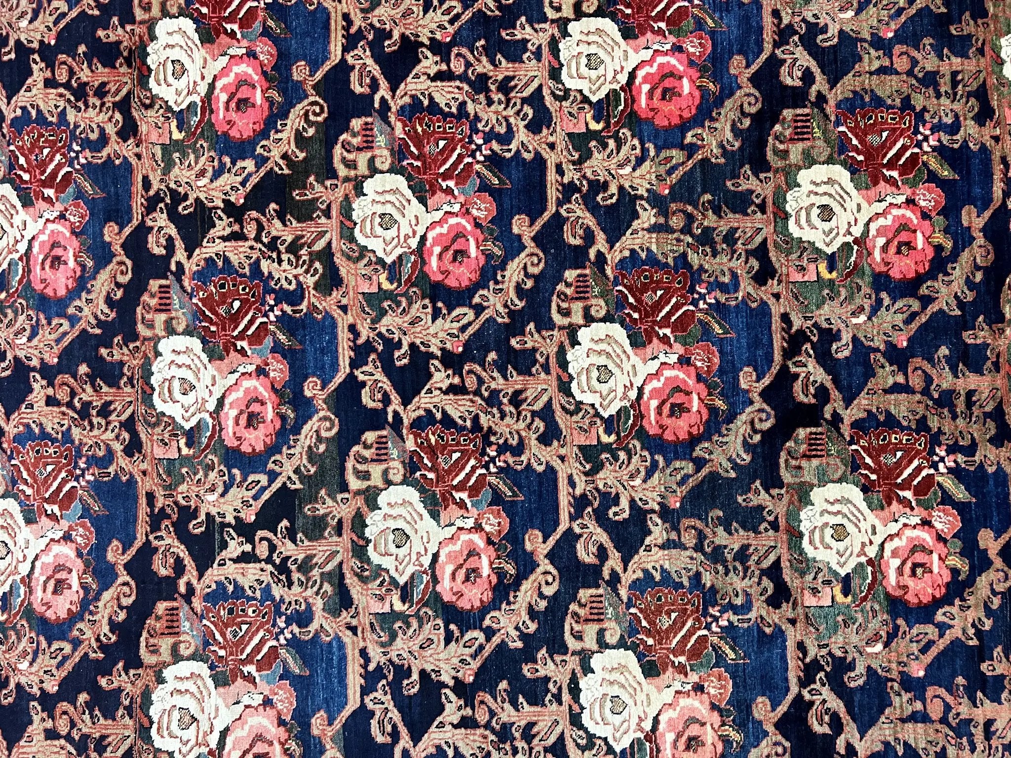 Persian Bidjar Rug 8x11, Floral Bouquets, Blue Black Red Pink, Handmade Hand Knotted Vintage Semi Antique Oriental Carpet by Jewel Rugs