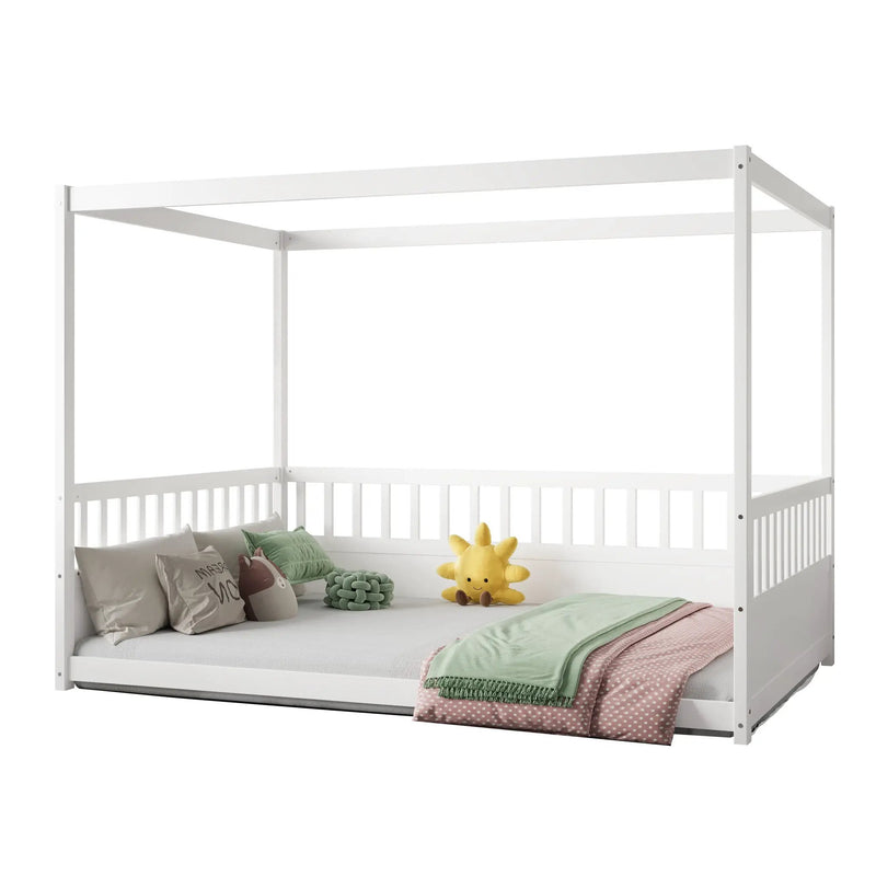 Full Size Canopy Bed Frame with Guardrails for Kids by HouseOfZazla
