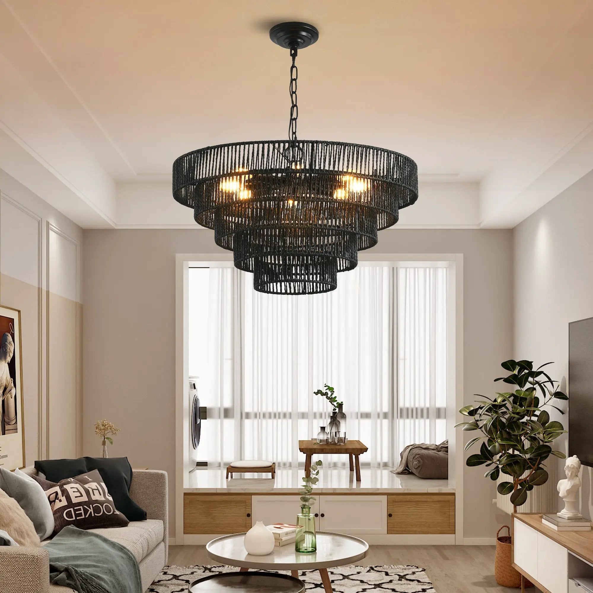 24" Rustic 5-Tier Black Hemp Rope Pendant Light Chandelier by HouseOfZazla