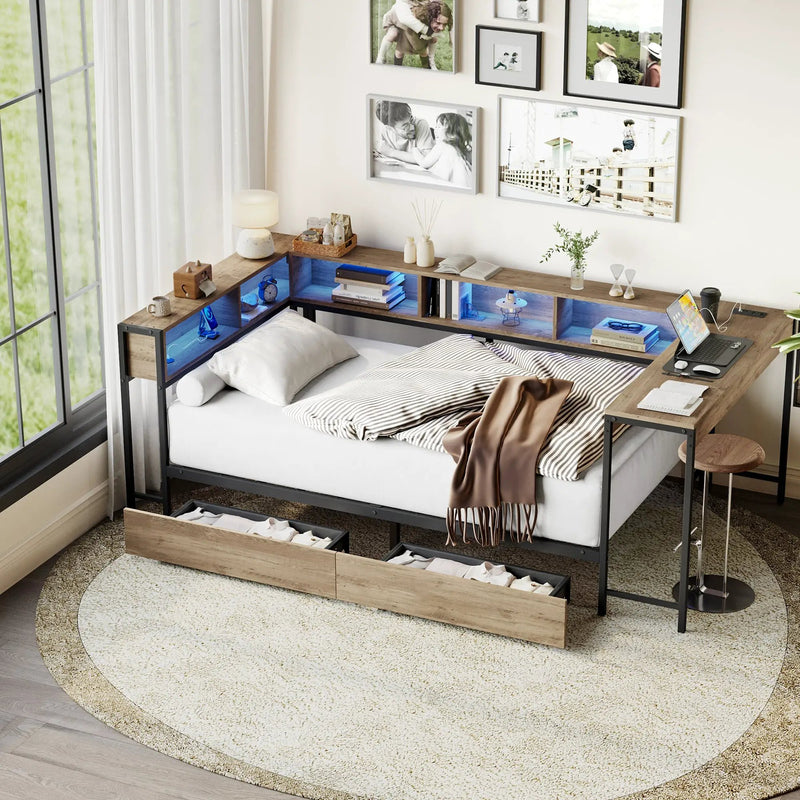 Corner Bed Frame Full Size with Bookcase and Storage Drawers by HouseOfZazla