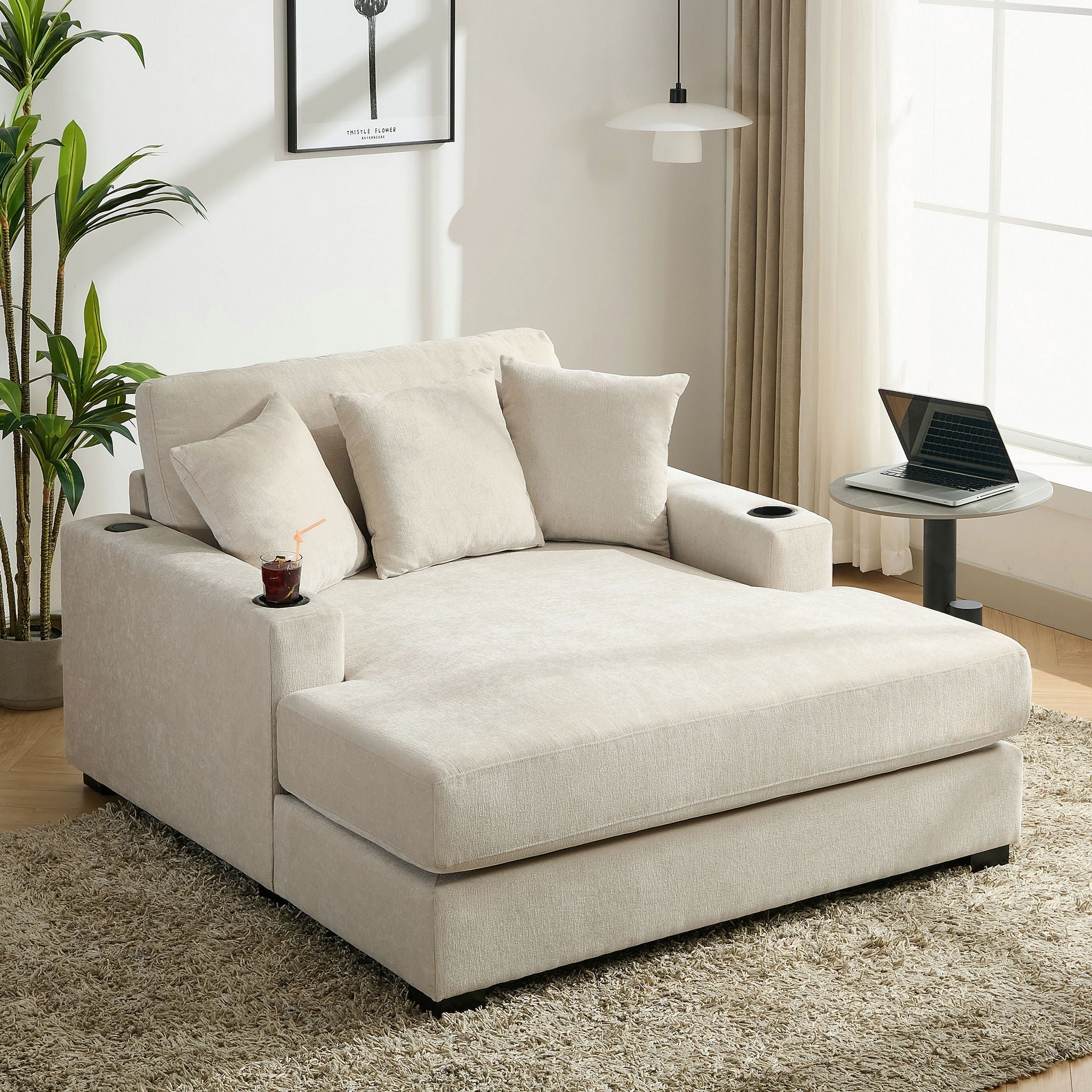 Oversized Chaise Lounger Modern Style Sofa Couch With Pillows, Charge Station & Cup Holders by HouseOfZazla